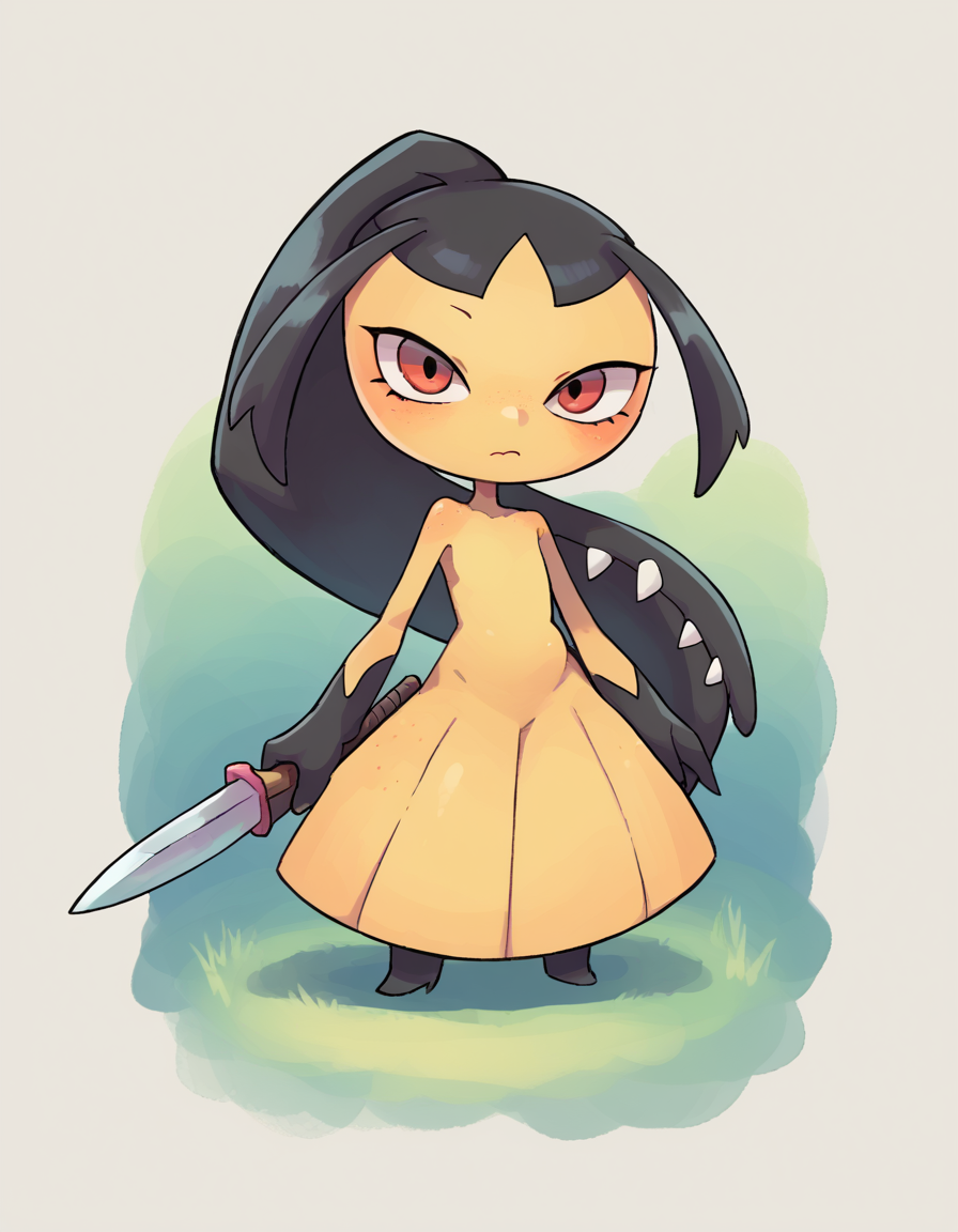 zPDXL, score_9, score_8_up, score_7_up, source_anime, 1girl, solo, 
<lora:Mawile_v2:0.8> mawile, pokemon \(creature\), red eyes, colored skin, extra mouth, multicolored skin, yellow skin, two-tone skin, black skin, ponytail, holding weapon, <lora:Miwako_v2:1> mwk