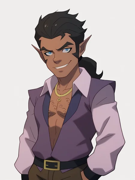 score_9, score_8_up, score_7_up, BREAK,
scanlan, 1boy, black hair, ponytail, blue eyes, dark skin, pointy ears,
necklace, open shirt, chest hair, brown pants, shirt,
smile, solo, upper body, looking at viewer, solo, simple background, white background <lora:ScanlanXL_byKonan:1>