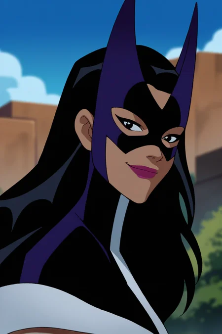 score_9, score_8_up, score_7_up,<lora:Huntress_JLU_PDXL:0.8>, huntress, black eyes, black hair, long hair, purple lips, big breasts, dark skin,huntress outfit, mask, looking at viewer, soft smile, face focus, from side, close up, solo, outdoors, day, sky, best quality, high quality