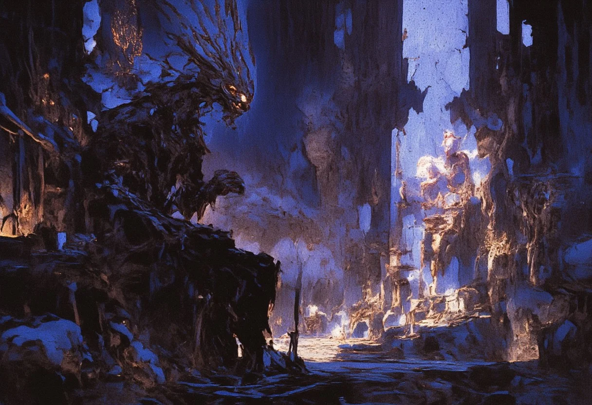 The image portrays a dimly lit, atmospheric dungeon or crypt scene. In the foreground, a spectral figure sits on a throne, seemingly in a meditative posture, surrounded by skeletons and remnants of a long-forgotten past. Cobwebs hang from the stone walls, and the floor is uneven with scattered debris. In the background, a faint glow illuminates another part of the space, suggesting a mysterious presence. The text at the bottom reads, "Have patience. Until the time comes...and the roots call to you," adding an element of intrigue and foreboding to the scene. Overall, the ambiance hints at themes of waiting and latent power.