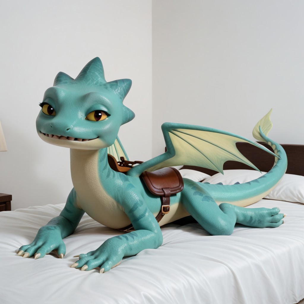 score_9, score_8_up, score_7_up, score_6_up, score_5_up, score_4_up, masterpiece, high quality, realistic, detailed, best quality, white bed, solo, rating_safe, source_furry, bedroom, smiling, seductive, looking at viewer, on bed, full body, summer_rr, dragon, teal scales, wings, tail, webbed feet, female, 1girl, yellow sclera, black pupils, saddle