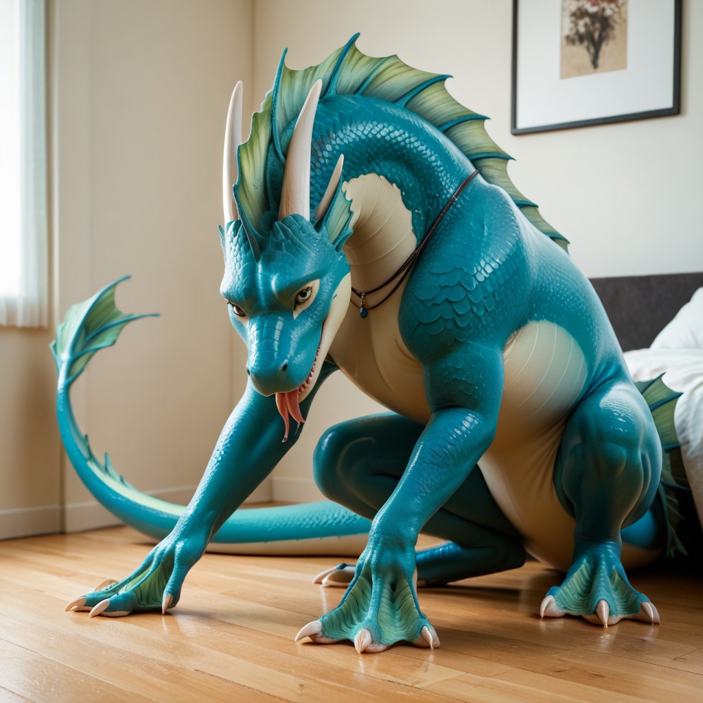 score_9, score_8_up, score_7_up, score_6_up, score_5_up, score_4_up, masterpiece, high quality, realistic, detailed, best quality, solo, rating_safe, source_furry, bedroom, smiling, seductive, looking at viewer, standing, AquaticDragon, dragon, scales, marine dragon, marine scales, (webbed hands, webbed feet:1.5), full body, blue scales, white underbelly, green frill, two-tone skin, 1girl, female, feral, close up