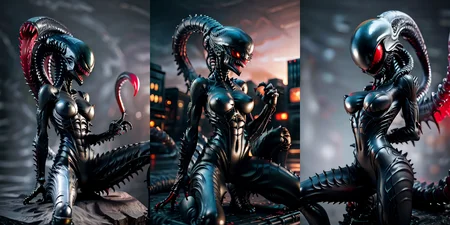(otherworldly), highly insanely detailed, masterpiece, top quality, best quality, highres, 4k, 8k, RAW photo, (very aesthetic, beautiful and aesthetic), 
__lazy-wildcards/cosplay-char/alien-predator/xenomorph/prompts__, 
<lora:FemXeno:0.7>, 
(1girl:1.3), eyes focus, 
__lazy-wildcards/dataset/background__,âââ