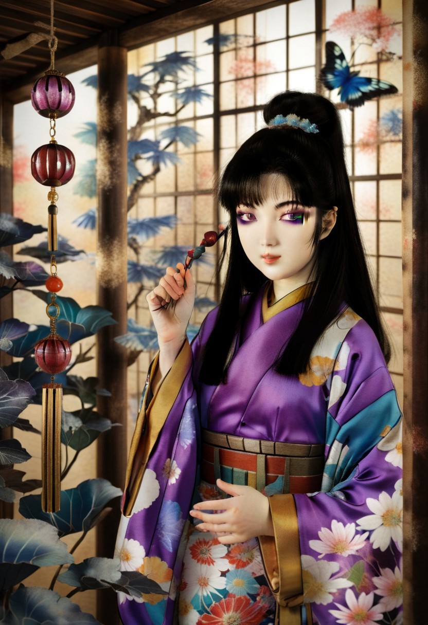 masterpiece,best quality,concept art, (portrait art by Hashiguchi Goyo:0.8) and (Tsuchiya Koitsu:1.3) , detailed art, concept art, Varied (a girl (Tomie Kawakami) with black long hair,hime cut,purple eyes,in a bizzare pavilion with strange plants,wind chime,censer,wall of psychedelic pattern:1.3) , dressed in winter magnificent colorful kimono, Winter, Wide view, Vivid, Spiritual, specular lighting, happy, smile face, right hand up to say hello, 800mm lens, feminine, Surrealism Art,<lora:huyaXLlokr3f:1>, radiant, highly detail, exquisite color, ambient