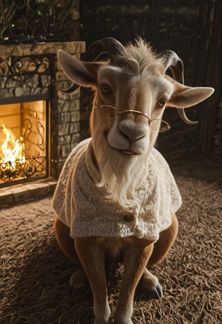 dillamond_wool_wicked, 1boy, male goat, furry, feral, brown and white fur, short twisted black horns, goat ears, messy white hair, yellow goat eyes, white beard, light brown tail, brown and white legs, black hooves, golden glasses, white wool top,
score_9_up, score_8_up, score_7_up, BREAK, solo, looking at viewer, cute, smirk, from above, sitting, head tilt, ultra detailed, detailed background, masterpiece, best quality, 8k, Expressiveh, realistic, 3d,, fireplace, wooden cottage,