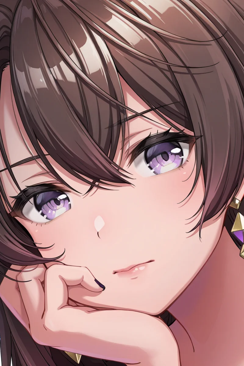 masterpiece, best quality, amazing quality,
<lora:Shano_IL:1> shano, 1girl, solo, jewelry, earrings, brown hair, portrait, looking at viewer, purple eyes, close-up, bangs, hair between eyes, lips, hand up, closed mouth, nail polish