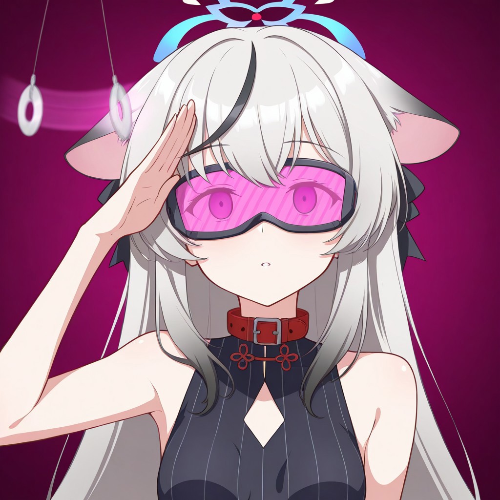 masterpiece, best quality, very aesthetic, absurdres, 1girl, solo, empty eyes, hypnosis, mind control, kokona_(blue_archive), salute, (dronification), (enemy_conversion),  (tech_control),visor,(z-tech_(zko)), collar,  (etlabsotwe :1.2),