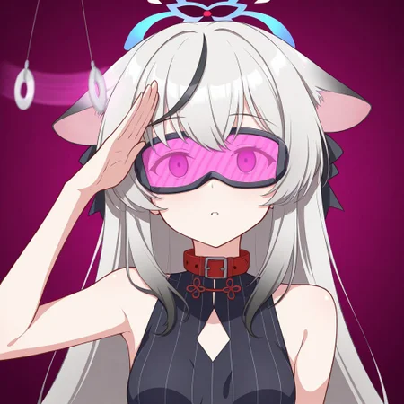 masterpiece, best quality, very aesthetic, absurdres, 1girl, solo, empty eyes, hypnosis, mind control, kokona_(blue_archive), salute, (dronification), (enemy_conversion),  (tech_control),visor,(z-tech_(zko)), collar,  (etlabsotwe :1.2),
