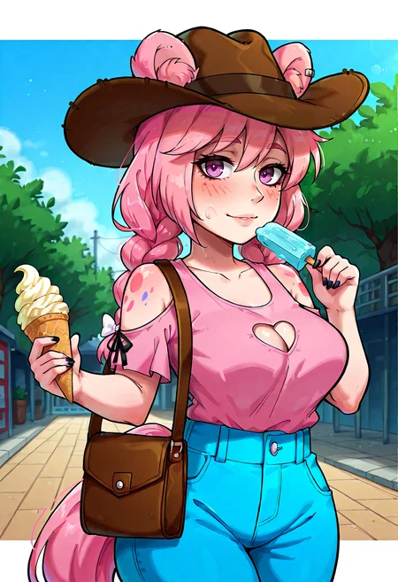 IllustriousQual, <lora:StS-Illustrious-Detail-Slider-v1.0:2> <lora:cfg_scale_boost:0.3> <lora:StS_Age_Slider_Illustrious_v1:3>,detailed_background,outdoors,light smile,horse tail,happy sugar life,hair bow,bear ears,blue eyes,looking at viewer,bow,1girl,pink shirt,holding ice cream,holding food,twin braids,bag,my little pony,long hair,multicolored fur,ahoge,bear ear hairband,holding,kokonoe826,cowboy hat,hat,food,daffidaizy,pink hair,ice cream,clothing cutout,tail,shirt,nail polish,cutie mark,shoulder cutout,pink eyes,highres