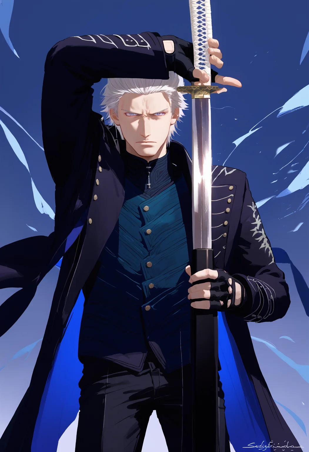 score_9, score_8_up, score_7_up, arm up unsheathing sword, 1boy, sheathed sword, crossed arms, dmc5vergil solo male focus, simple background, black coat, fingerless gloves, pants, looking at viewer, simple background
<lora:unsheathing_pose_vertical_3_final:1>
<lora:others_dmc5_vergil_ponyXL-000005:1>