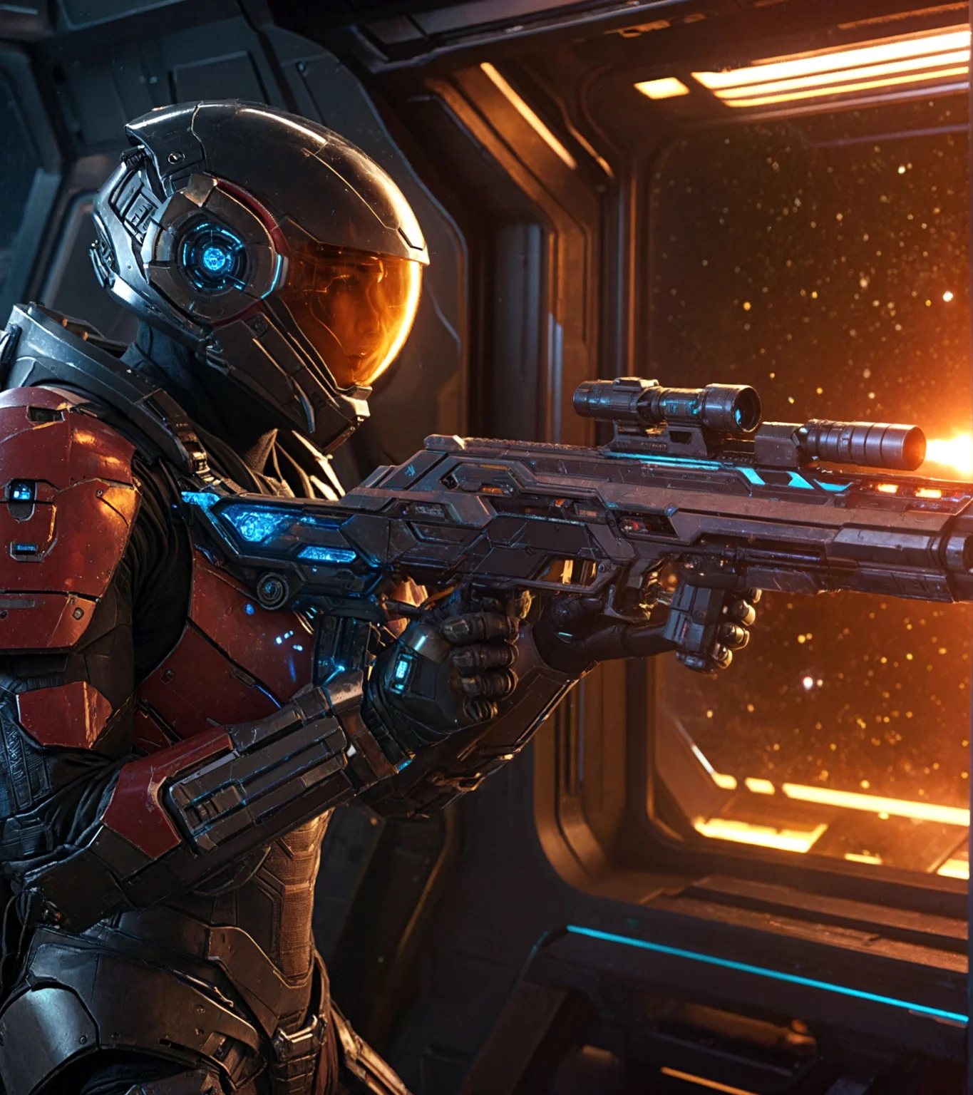 Cinematic movie film still , crystal armor, sharp details, the expanse scifi stars outside a space ship window, (aiming down the sights of a plasma rifle) , intricate, highly detailed, , rich color, , sharp focus, illustration, Unreal Engine 5, 8K.