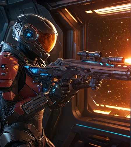 Cinematic movie film still , crystal armor, sharp details, the expanse scifi stars outside a space ship window, (aiming down the sights of a plasma rifle) , intricate, highly detailed, , rich color, , sharp focus, illustration, Unreal Engine 5, 8K.