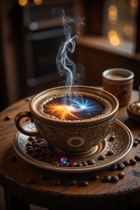 looking down into a cup of coffee on a rustic café table, The cup is extremely detailed and intricate, The coffee inside swirls magically with froth and glowing light and through it the viewer sees a distant universe as if peering through portal, steam swirls up like a building tornado, coffee beans and small colorful gemstones are scattered on the table, warm café and studio lighting, aidmasoftglow , aidmaMJ6.1, aidmaHyperrealism <lora:aidmaSoftGlow:0.6> <lora:aidmaHyperrealismv0.3:0.6> <lora:aidmaMJ6.1v0.4:0.4> <lora:NewFantasyCoreV3:0.6>