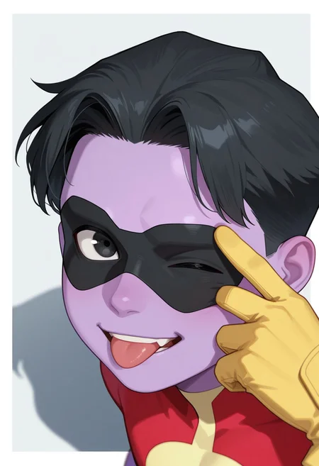 1boy, male focus, cute boy, rOliver_Grayson, Purple Skin, Colored Skin, Black Hair, Black Eyes, Domino Mask, Superhero Costume, Yellow Gloves, tongue out, (akanbe:2), smile, eyelid pull, left eye closed, simple background, graphic border, cinematic, intricately detailed illustration, depth of field, masterpiece, best quality, amazing quality, very aesthetic, absurdres, newest, very awa, shadow,