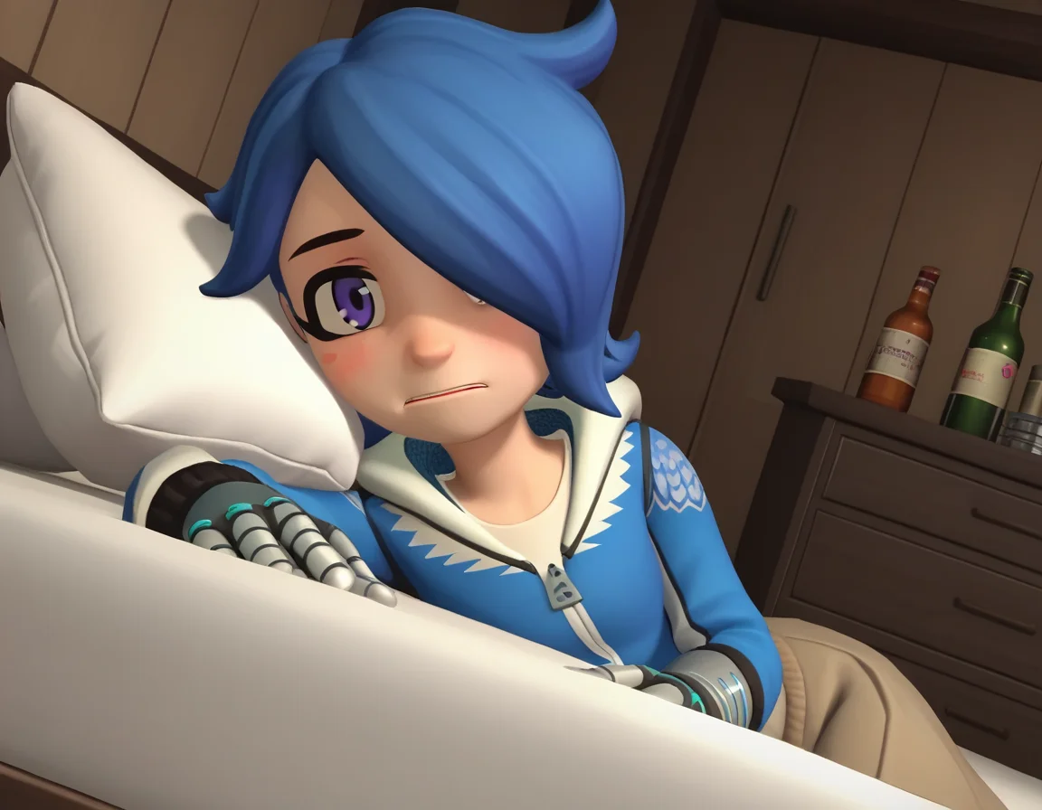 score_9, score_8_up, score_7_up, source_anime,
turboartificialrapidintelligence, <lora:turbo-artificial-rapid-intelligence-ponyxl-lora-nochekaiser:1>,
turbo artificial rapid intelligence, blue hair,hair over one eye, purple eyes, 3d,
hood, hoodie,
indoors, bed, bed room, on side, blush, drunk,
looking at viewer, cowboy shot, dutch angle, solo,