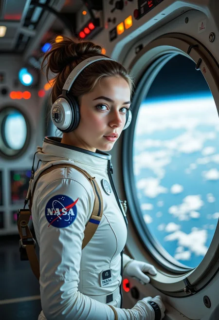 A closeup portrait of a beautiful college student named Elle, who is on a space station in orbit around Earth. Elle is looking at the viewer, wearing a white, skin-tight space suit with gloves and boots. She has a “NASA” patch on her shoulder, and a patch with her name “Elle” on the left side of her chest. She’s looking out of a reflective floor-to-ceiling window at Earth, which looks massive from where she standing. She is deep in thought. The ship feels like a set of a science fiction film with colorful buttons and switches which contrasts with the loneliness and melancholy of deep space