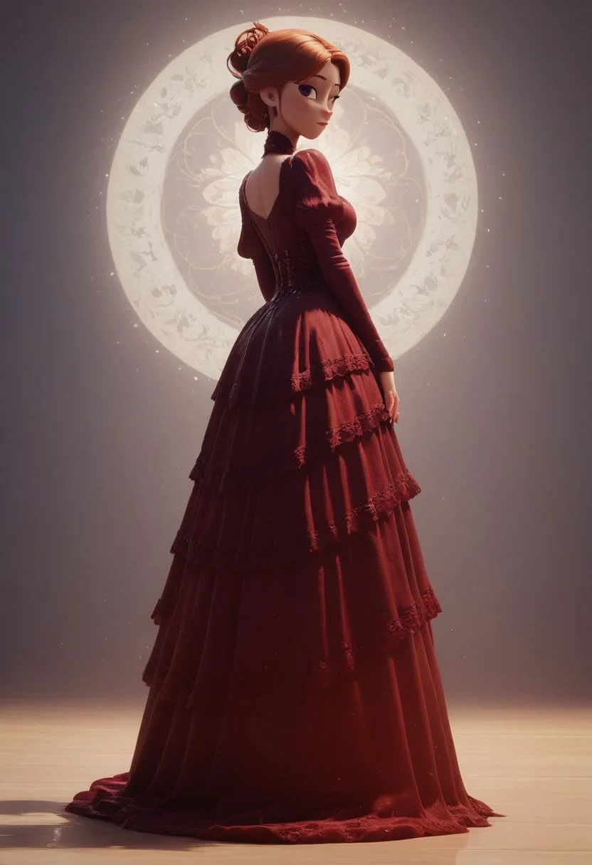 score_9, score_8_up, score_7_up, score_6_up, score_5_up, score_4_up, 1girl, beautiful 18 year old, full body shot, burgundy Victorian dress with black and white trim, bokeh, shallow depth of field, updo, view from side, back arched, head tilted, knees bent, dramatic cinematic lighting, round face, view from behind, turning to look at viewer, soft textured matte skin, extra fine realistic hair, source_pixar, 3D animation,
