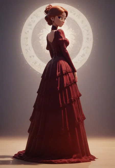 score_9, score_8_up, score_7_up, score_6_up, score_5_up, score_4_up, 1girl, beautiful 18 year old, full body shot, burgundy Victorian dress with black and white trim, bokeh, shallow depth of field, updo, view from side, back arched, head tilted, knees bent, dramatic cinematic lighting, round face, view from behind, turning to look at viewer, soft textured matte skin, extra fine realistic hair, source_pixar, 3D animation,