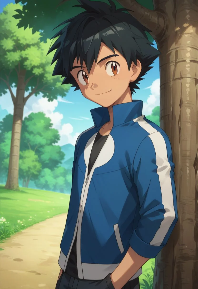 score_9, score_8_up, score_7_up, source_anime, highly detailed, 1boy, solo, male_focus, slender, skinny, cute,
1boy, male focus,solo, brown eyes, smile, jacket, outdoors, closed mouth, blue jacket, day, shirt, black hair, tree, bangs,
simple background,