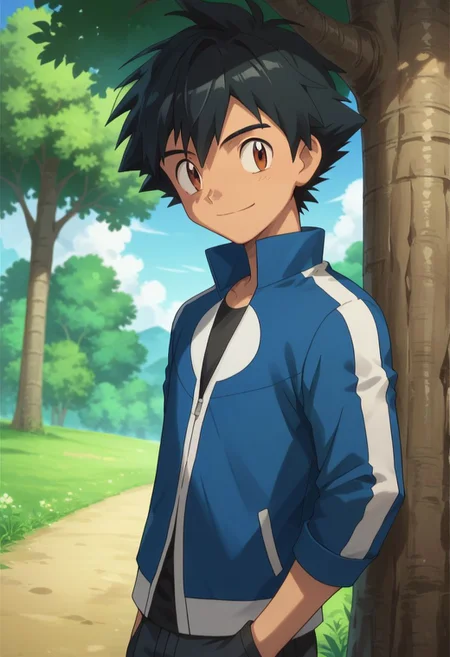 score_9, score_8_up, score_7_up, source_anime, highly detailed, 1boy, solo, male_focus, slender, skinny, cute,
1boy, male focus,solo, brown eyes, smile, jacket, outdoors, closed mouth, blue jacket, day, shirt, black hair, tree, bangs,
simple background,
