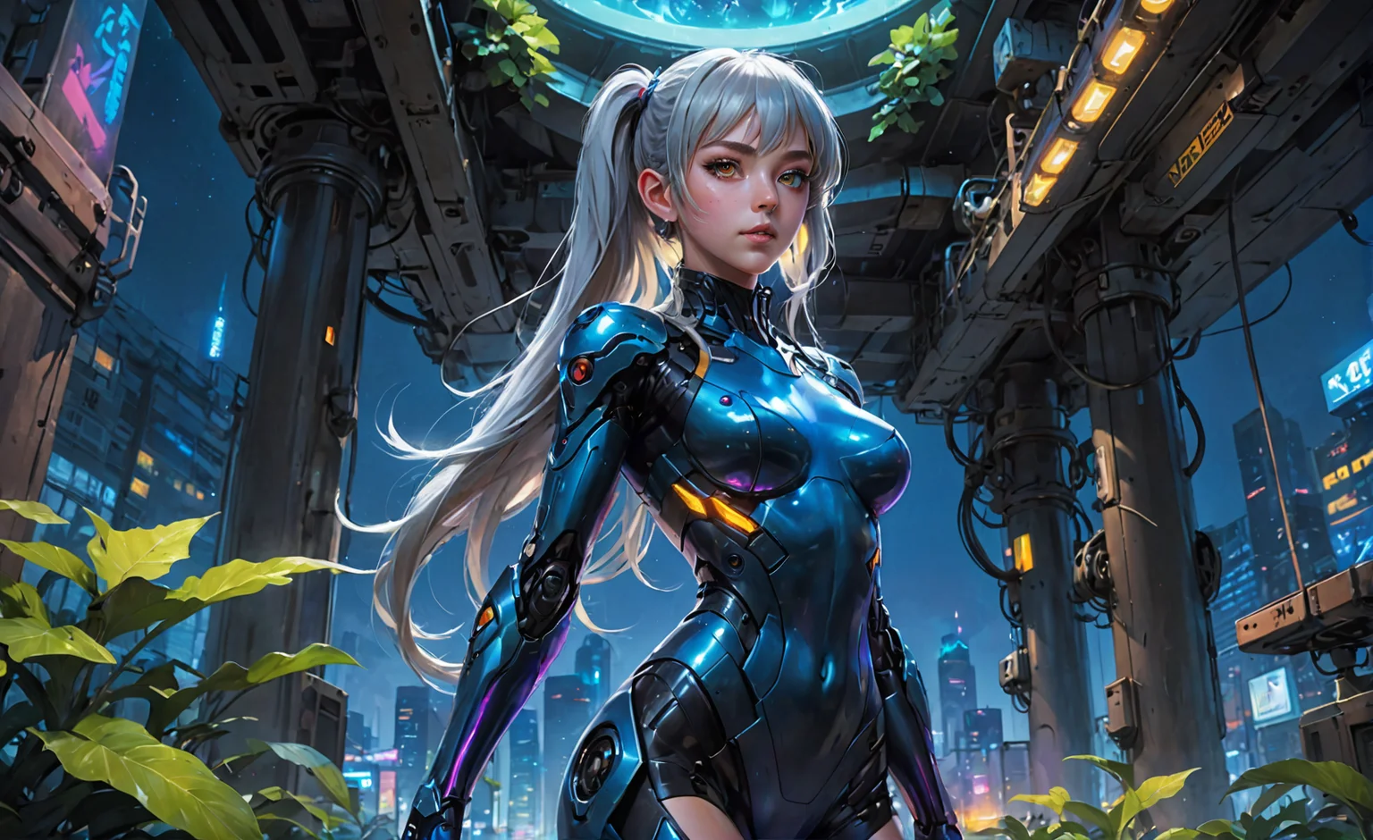 anime style,1girl,blunt bangs,high ponytail,silver hair,pointy ears,in the depths of a bioluminescent alien jungle,[evangelion:cyberpunk edgerunners:0.5],reflective transparent iridescent opaque clothing,long sleeves,flowing dress,long skirt,very aesthetic,highres,4k,8k,intricate detail,cinematic lighting,amazing quality,amazing shading,detailed Illustration,official artwork,wallpaper,official art,extremely detailed eyes and face,beautiful detailed eyes,from below,full body,thigh gap,<lora:aesthetic_anime_v1s:1>,, <lora:skyline-Pony:0.8>,sky,city,lights,night,building,tower,scenery,bridge,architecture,cityscape,skyline,outdoors,skyscraper,background,street,humans,river,cloud,painting,tree,water,