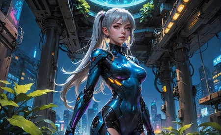 anime style,1girl,blunt bangs,high ponytail,silver hair,pointy ears,in the depths of a bioluminescent alien jungle,[evangelion:cyberpunk edgerunners:0.5],reflective transparent iridescent opaque clothing,long sleeves,flowing dress,long skirt,very aesthetic,highres,4k,8k,intricate detail,cinematic lighting,amazing quality,amazing shading,detailed Illustration,official artwork,wallpaper,official art,extremely detailed eyes and face,beautiful detailed eyes,from below,full body,thigh gap,<lora:aesthetic_anime_v1s:1>,, <lora:skyline-Pony:0.8>,sky,city,lights,night,building,tower,scenery,bridge,architecture,cityscape,skyline,outdoors,skyscraper,background,street,humans,river,cloud,painting,tree,water,