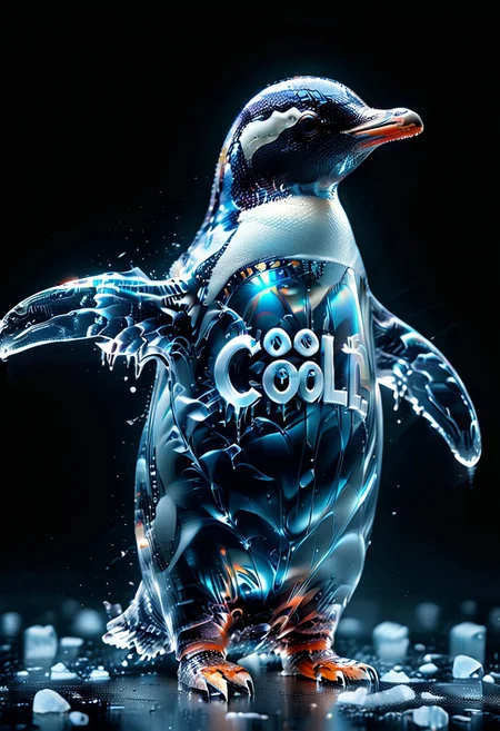 ((((("COOL" text logo made of ice)))) <lora:dvr-ftl:0.8>,
1c3_w1n73r, magicNpolished, shiny, polished, reflection, glowing, light
Penguin wearing sunglasses, scarf, baseball cap, standing on drifting ice in arctic