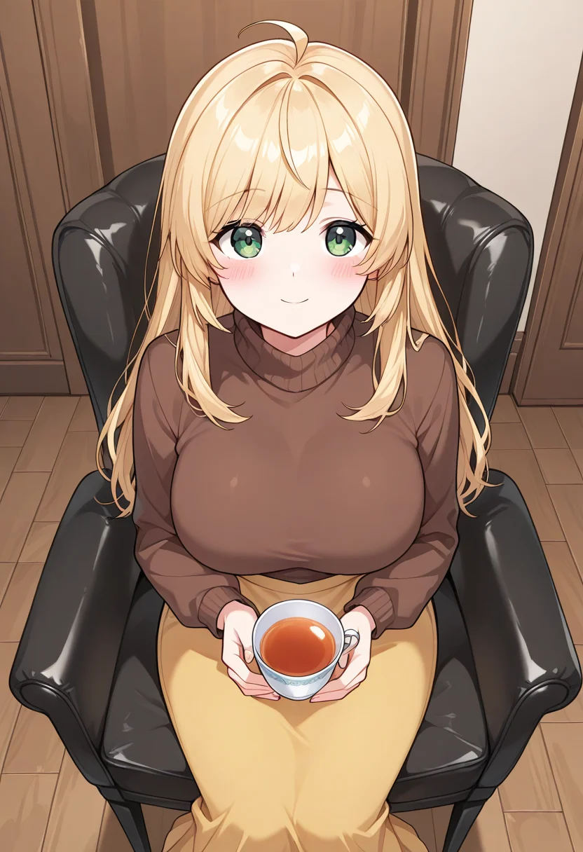 1girl, solo, blonde hair, green eyes, long hair, straight hair, hair down, ahoge, green eyes, large breasts, brown shirt, long sleeves, sweater, turtleneck, yellow skirt, long skirt, sitting, chair, indoors, holding teacup, indoors, home, looking at viewer, from above, blush, soft smile