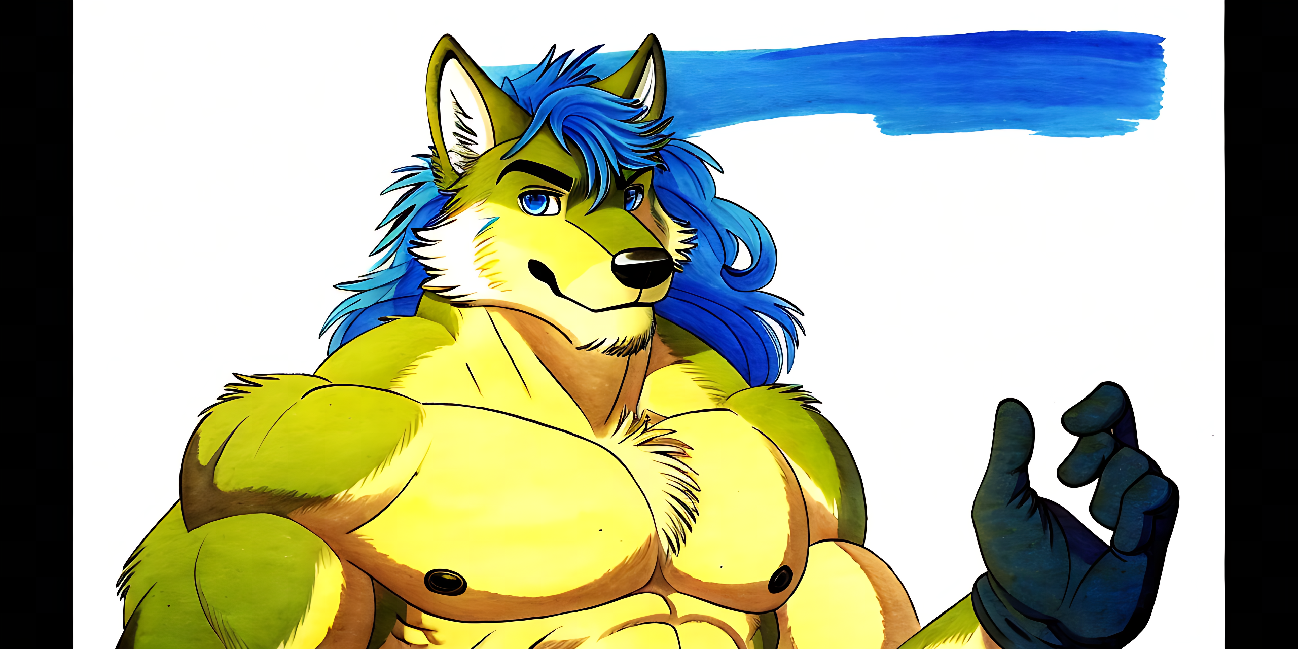 enhanced, remastered, bara, anthropomorphic (timber wolf)+, black finger less gloves, blue eyes, long wavy blue hair