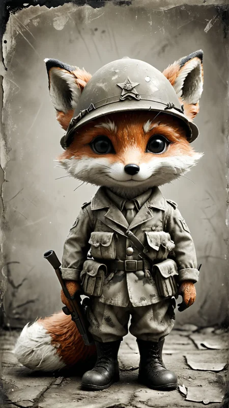 Photograph of an anthropomorphic [cute little fox] in the style of WW2 soldiers, in the vintage photography style, black & white, grainy texture, aged photo 
award winning artwork,
many details, extreme detailed, full of details,
Wide range of colors., Dramatic,Dynamic,Cinematic,Sharp details
Insane quality. Insane resolution. Insane details. Masterpiece. 32k resolution.
 <lora:add-detail-xl:0.65> <lora:casting shadow style v2:0.1> casting shadow style, cucoloris patterned illumination <lora:CinematicStyle_v1:0.1> <lora:Disturbia:0.15> <lora:dvr-lnds-sdxl:0.1> dvr-lnds-sdxl <lora:MJ52:0.2> <lora:princess_xl_v2:0.1>  <lora:ral-dissolve:0.1> ral-dissolve <lora:ral-ertmsphr:0.1> ral-ertmsphr  <lora:ral-porcelain:0.3> ral-porcelain <lora:ral-pxlprtcl:0.31> ral-pxlprtcl  <lora:xl_more_art-full_v1:0.5>