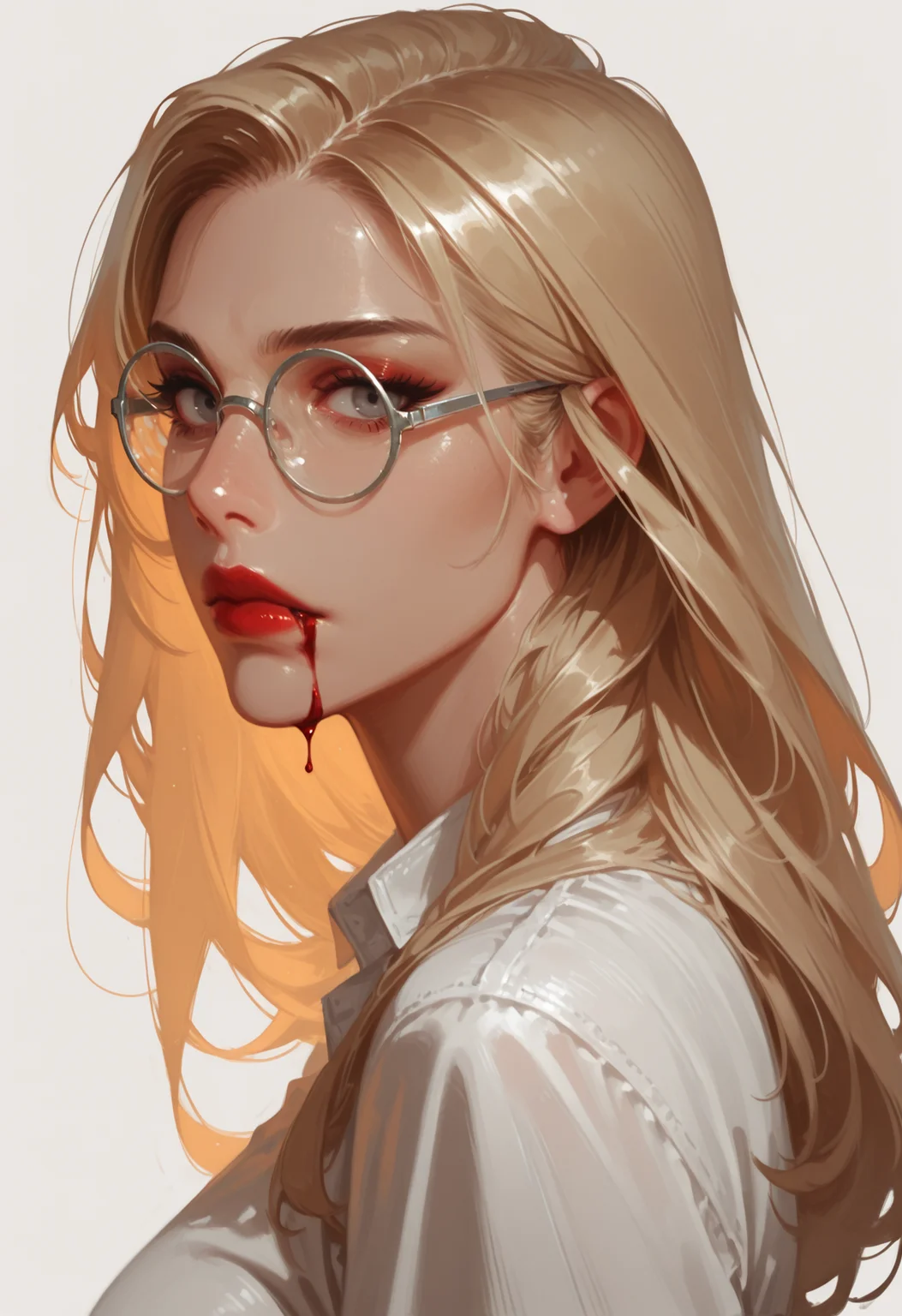 1girl, solo, blood, blonde hair, glasses, , long hair, round eyewear, portrait, lips, looking at viewer, red lips, shirt, grey-framed eyewear, from side, , blood from mouth, nose, closed mouth, white shirt, white-trim_eyewear, simple background, makeup, grey eyes, looking to the side, lipstick, eyelashes, expressionless, upper body, brown eyes
<lora:newrimixL:1>, <lora:Detailer_NoobAI_Incrs_v1:0.75>, masterwork, masterpiece, best quality, dynamic lighting , dynamic pose,, dynamic angle, , , (lineless:1.2), detailed, depth of field, dynamic lighting, blurry, (cheekbones:0.75),
<lora:zy_illustrious_Realism_Enhancer_v1:0.5> adult, aged up,