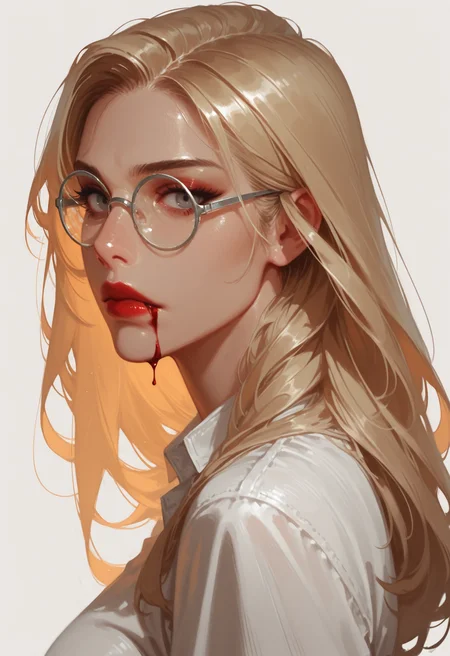 1girl, solo, blood, blonde hair, glasses, , long hair, round eyewear, portrait, lips, looking at viewer, red lips, shirt, grey-framed eyewear, from side, , blood from mouth, nose, closed mouth, white shirt, white-trim_eyewear, simple background, makeup, grey eyes, looking to the side, lipstick, eyelashes, expressionless, upper body, brown eyes
<lora:newrimixL:1>, <lora:Detailer_NoobAI_Incrs_v1:0.75>, masterwork, masterpiece, best quality, dynamic lighting , dynamic pose,, dynamic angle, , , (lineless:1.2), detailed, depth of field, dynamic lighting, blurry, (cheekbones:0.75),
<lora:zy_illustrious_Realism_Enhancer_v1:0.5> adult, aged up,