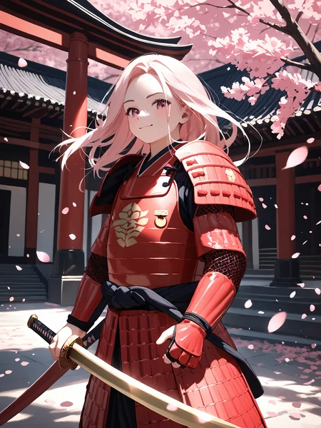 score_9, score_8_up, score_7_up,score_6_up,
outdoor, sharp focus, dark theme, direct and engaging gaze,
high-resolution image capturing fine details, soft shadow, direct and engaging gaze,
cherry blossom, Japan temple background,
(holding a sword),
1girl, solo, cute face, cozy face, detailed face,
long sliver hair, posing to viewer, action to viewer, extreme detailed ornate gold armor,
samurai armor,
<lora:hinaSamuraiArmorPony_rev1:0.7>