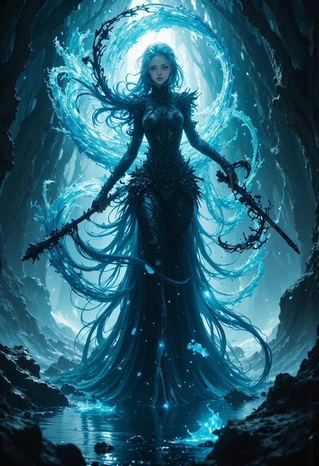 fantasy art of a female warrior, wielding a large (((glowing blue scythe))) with dark organic patterns, BREAK wearing an elegant flowing blue gown resembling water, BREAK surrounded by floating petals, BREAK ethereal magical energy around the weapon BREAK watery floor BREAK dynamic movement, mystical and graceful tone, BREAK epic, 4k, highres, incredibly absurdres, masterpiece, best quality, dreamwave   <lora:FLUX - Sinfully_Stylish (Dramatic Lighting):0.7> <lora:FLUX - Dreamwave Abstract Style ( dreamwave ):0.7>