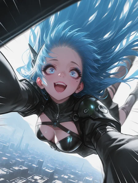 masterpiece, best quality, amazing quality, very aesthetic, absurdres, newest, selfie,Extreme Close-Up,
From Below, 1girl, solo, gorgeous, sexy, alluring, makeup, cyber Dystopian, shadowrun, gothicstyle, (fully clothed), A girl jumps off a cliff,Focus on eyes,goth makeup, beautiful eyes, bright colors, very long hair, sapphire blue eyes, gothic body armor, goth accessories, drop, falling, speed lines,Motion Blur,jumping,
excited expression,
wind,looking_at_viewer, BREAK City Lights Lighting, <lora:ponyv4_noob1_2_adamW-000017:0.7000000000000001> <lora:USNR_STYLE_XL_lokr:1>