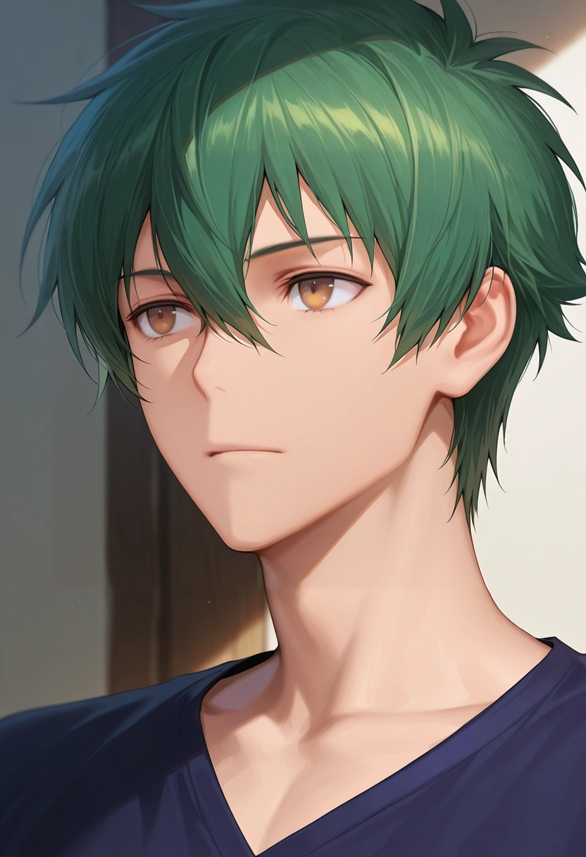 masterpiece, best quality, , semi-realistic, , 1boy, solo, male focus, <lora:sadao_maou_ilxl:0.96>, sadao_maou, green hair, brown eyes, s2, short hair, hair between eyes, ,