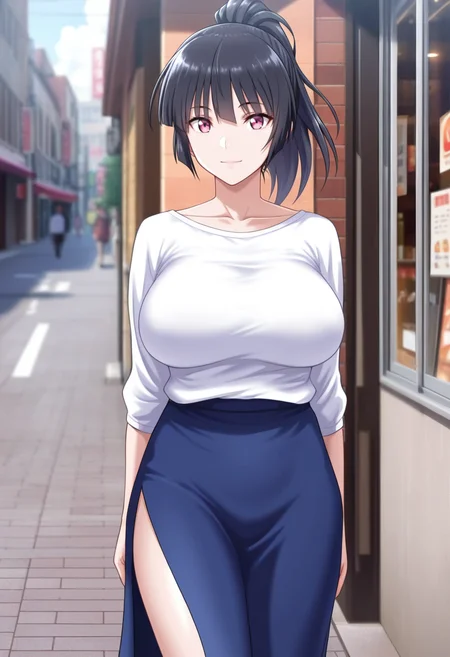 masterpiece, best quality, amazing quality,makoto kitamichi, pink eyes, black hair, long hair, ponytail, mature female, 1girl,breasts, solo,large breasts, long skirt, blue skirt,white shirt,closed mouth, light smile, standing, looking at viewer, cowboy shot, thighs, outdoors, city, street, storefront, day, blurry background <lora:makoto kitamichiV1:0.9>