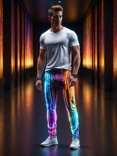 man wearing a glowing colorful mad-mtrx pants and white tshirt walking through dark mall, dynamic pose , night, dynamic pose <lora:Colorful_Matrix_SDXL:0.7>, (masterpiece:1.2), best quality, (hyperdetailed, highest detailed:1.2), high resolution textures