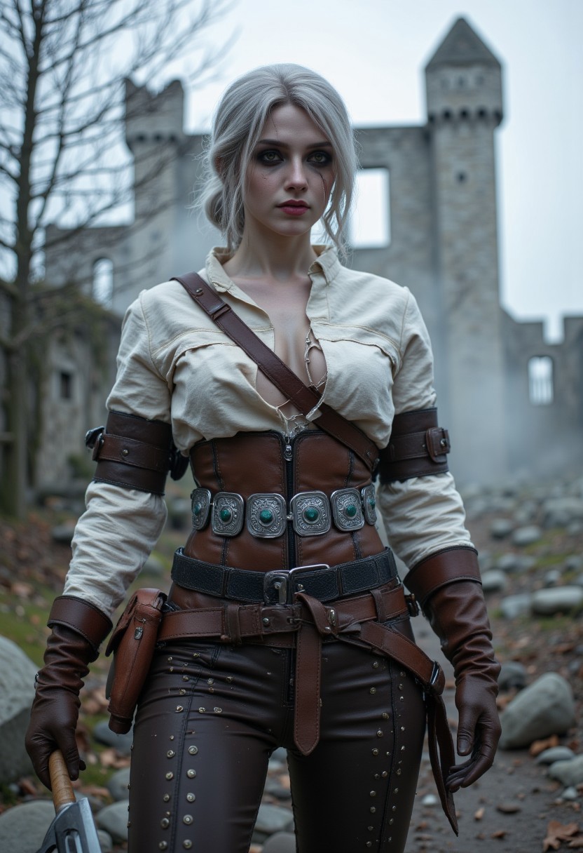 a high-resolution photograph featuring CiriW, She has pale skin, white hair, and a slender, athletic build with medium-sized breasts. She wears a white tunic, brown pants, and a leather belt with pouches, holding a sword. The background shows a ruined stone castle amidst a misty, overcast landscape with bare trees, creating a medieval fantasy setting.