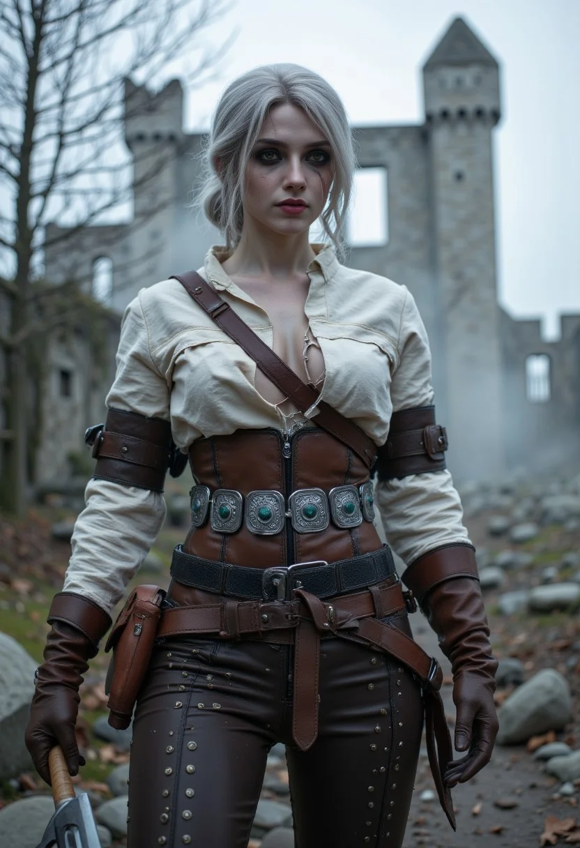 a high-resolution photograph featuring CiriW, She has pale skin, white hair, and a slender, athletic build with medium-sized breasts. She wears a white tunic, brown pants, and a leather belt with pouches, holding a sword. The background shows a ruined stone castle amidst a misty, overcast landscape with bare trees, creating a medieval fantasy setting.