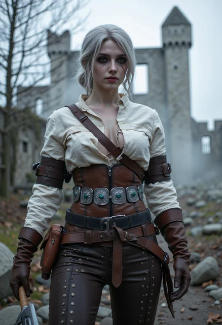 a high-resolution photograph featuring CiriW, She has pale skin, white hair, and a slender, athletic build with medium-sized breasts. She wears a white tunic, brown pants, and a leather belt with pouches, holding a sword. The background shows a ruined stone castle amidst a misty, overcast landscape with bare trees, creating a medieval fantasy setting.