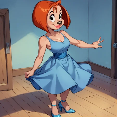 score_9, score_8_up, score_7_up, score_6_up, score_5_up, score_4_up, BREAK, <lora:Debbie_Dune:0.7>, debbie dune, 1girl, solo, wearing dress, orange hair, short hair, animal nose, black eyes, indoors, dynamic pose, smile, high heels, lips, lipstick, <lora:RealisticAnime:1>, furry female, furry,