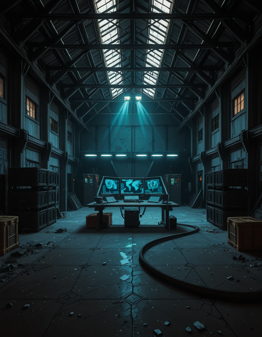 A dark, abandoned warehouse transformed into a villain's secret lair. The structure is massive and industrial, with rusted steel beams, shattered windows, and crumbling concrete walls covered in old graffiti. The floor is dusty and cracked, with scattered debris and oil stains. Dim red and blue lights glow from hidden sources, casting eerie, atmospheric shadows throughout the space. In the center, a high-tech command station glows with holographic maps, control panels, and futuristic computer screens. Advanced equipment, weapons racks, and strange scientific devices are neatly arranged on steel tables. Thick black cables snake across the floor and dangle from the ceiling. Makeshift metal dividers and reinforced crates create hidden zones for operations and storage. The setting is cinematic, mysterious, and tense, with dramatic lighting, high contrast between dark corners and glowing tech, and a realistic, moody art style â like a scene from a dystopian sci-fi thriller. No people or figures are present. 
<lora:SDXLFaeTastic2400:0.4> <lora:extremely_detailed:0.4> extremely detailed,villain secret l41r, <lora:villain_secret_l41r-i:1>, Masterpiece,best quality,hi res,8k,hi res,8k,award winning,(sharp focus, intricate, highly detailed),