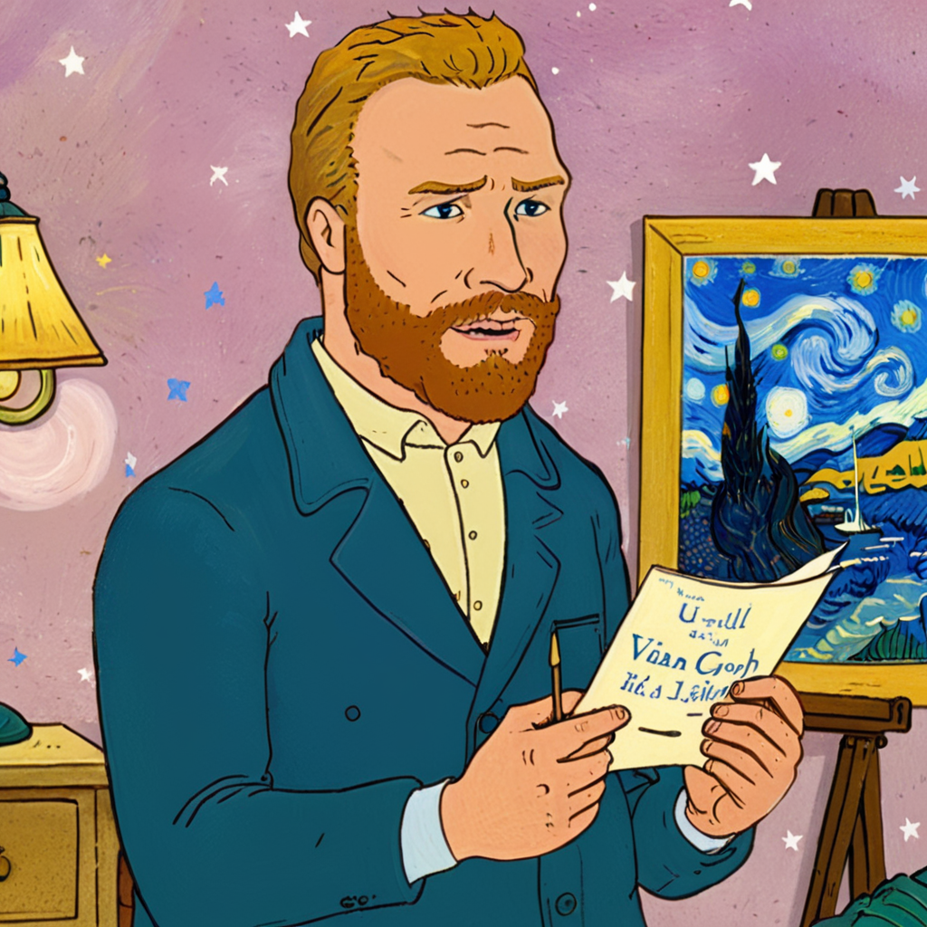 cartoon of  Vincent van Gogh  in a scene from a Fantasy Romance movie, directed by Wes Anderson
(in kingofthehill style:1.5)
<lora:xl_more_art-full_v1:0.5> <lora:add-detail-xl:0.45>  <lora:kingofthehillstyleXL_v.10.1:0.8>