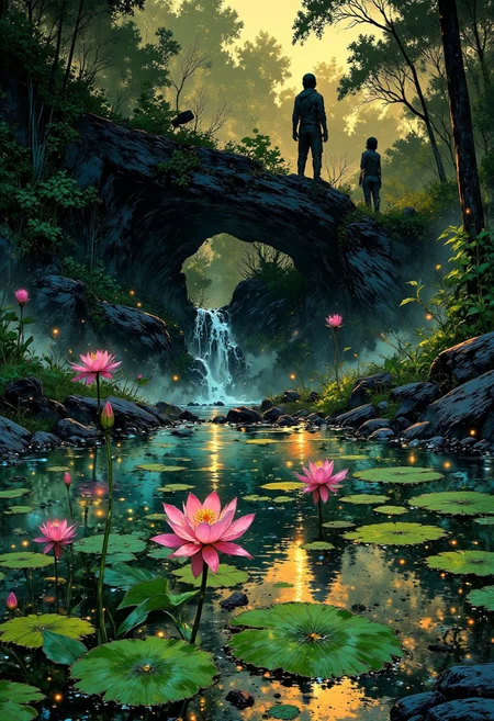 Bali Sacred Spring – Tranquil Lagoon & Floating Lotus Flowers
"A hidden Balinese spring where cool, clear water flows from a sacred rock formation into a tranquil lagoon. Giant lotus flowers float on the still surface, their pink petals open beneath the golden afternoon light. The surrounding jungle hums with the gentle sounds of chirping cicadas and rustling bamboo, while moss-covered statues peek through the dense foliage, adding a touch of mystery to the sacred waters."