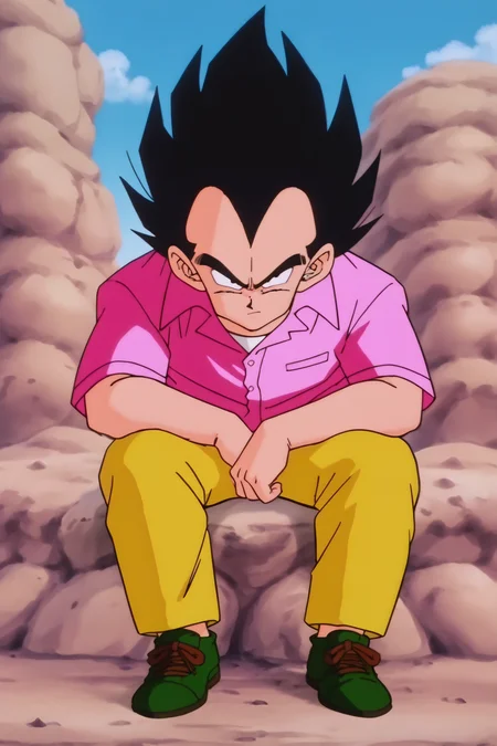 source_anime, score_9, score_8_up, score_7_up, anime screencap,8k, absurd res,
vegeta, solo, looking at viewer, shirt, black hair, 1boy, sitting, closed mouth, full body, male focus, outdoors, sky, shoes, green footwear, day, collared shirt, pants, cloud, black eyes, blue sky, frown, spiked hair, pink shirt, rock, white undershirt, yellow pants, arm on knee, v-shaped eyebrows, 1990s \(style\), retro artstyle, short sleeves
<lora:vegeta_pony_v1:0.8>