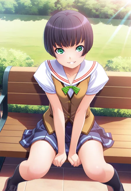 masterpiece, best quality, amazing quality, 1girl, solo, amanoww, green eyes, black hair, short hair, bob cut, flat chest, school uniform, green striped bowtie, white sailor shirt, brown vest, short sleeves, dark blue pleated skirt, black kneehighs, loafers, <lora:Yanase_Amano_Alea_ill:0.9>, from above, sitting, on bench, slightly hunched, hands between thighs, elbows resting on thighs, relaxed posture, arms pressing against chest, breasts squeezed together, breasts squished between arms, breast emphasis, closed legs, looking at viewer, smile, parted lips, outdoors, park, day, sunlight, skindentation, detailed clothing folds, depth of field, sharp, high contrast, dynamic light