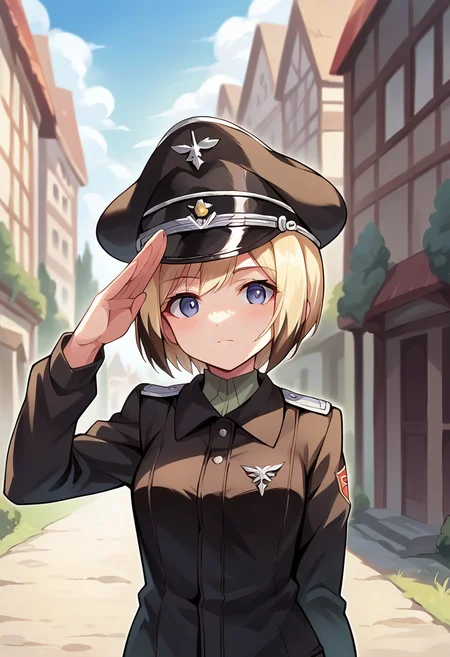 score_9, score_8_up, score_7_up, source_anime, masterpiece, 1girl, ctianerica, two-tone hair, black uniform, peaked cap, upper body, portrait, salute, looking at viewer, outdoors, town, <lora:Erica_strike_witches_pony_ct:0.8>