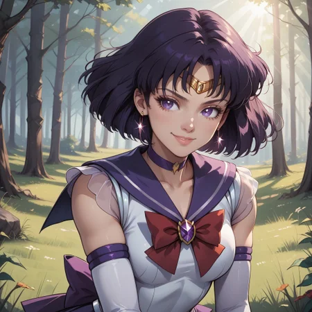 score_9, score_8, BREAK, Sailor Saturn, 1girl, bob cut,tiara,earrings,sailor senshi uniform,purple eyes, purple choker, purple sailor collar, red bowtie, white shirt, elbow gloves, white gloves, pleated skirt, purple miniskirt, sexy pose, self portrait, smile, outdoors, sunlight, shadows, evening lighting, natural lighting, forest, trees, grass, orange sky, sunset