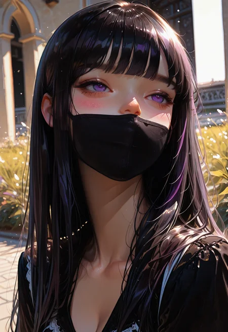 masterpiece, ultra-HD, cinematic lighting, photorealistic, impressionism (1.5), high detail, depth of field, (blurred background), (dramatic lighting),masterpiece, best quality, very aesthetic,8k,masterpiece, best quality,realistic, masterpiece, best quality, 8k, 
, simple_background, , 
, half close-up, sexy pose, long black hair, straight hair,blunt bangs, 
blushing, asian woman, small head, pretty woman, korean woman,  happy
((slim body)), (medium breasts), Dynamic angle, Dynamic pose, portrait,, 
girl,  black maid, brown loafers, grey tights, in a garden, ultra detailed decorative victorian gossamer clothes, sunset, big rimless round glasses, [[[half closed eyes]]], looking away, purple eyes, dazed, (wearing a black mouth mask),
<lora:DetailedEyes_V3:1> <lora:USNR_STYLE_ILL_V1_lokr3:0.45> usnr <lora:ponyv6_noobV1_2_adamW:0.9> <lora:GENESIS_MK0.2:0.5>  <lora:KoreanStyleSDXLvpred10:1> AiKoreanStyle, lips, korean, asian <lora:KRGRL-IL:1>